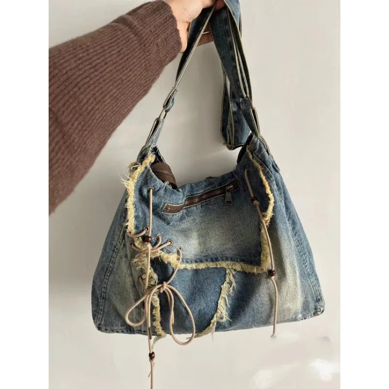 Laundry denim jeans womens casual handbag soft student large capacity retro shopping bag womens handbag241209