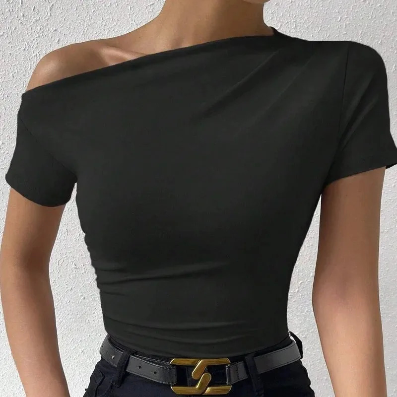 Solid shoulder Tshirt elegant short sleeved ruffled top suitable for spring and summer womens clothing 241209