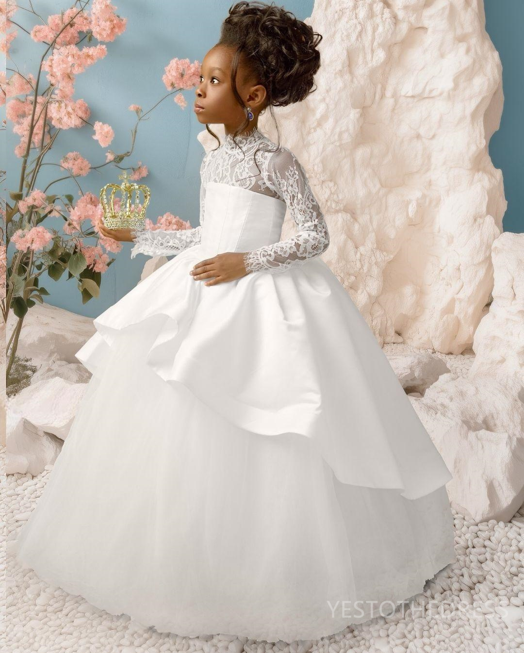 2025 Aso Ebi White Flower Girl Dresses Girls Birthday Dress Communion Gowns High Neck Long Sleeves Lace Tiered Tulle Ball Princess Marriage Dress for 