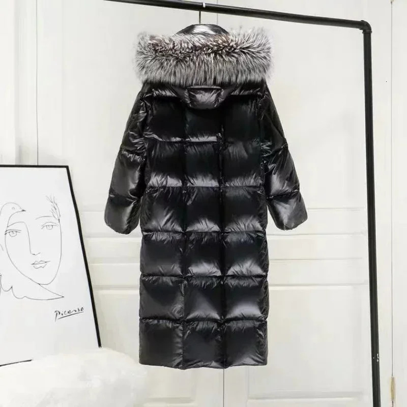 Womens Cotton Jacket Long Black Bright Face Thick True Wool Collar 241209