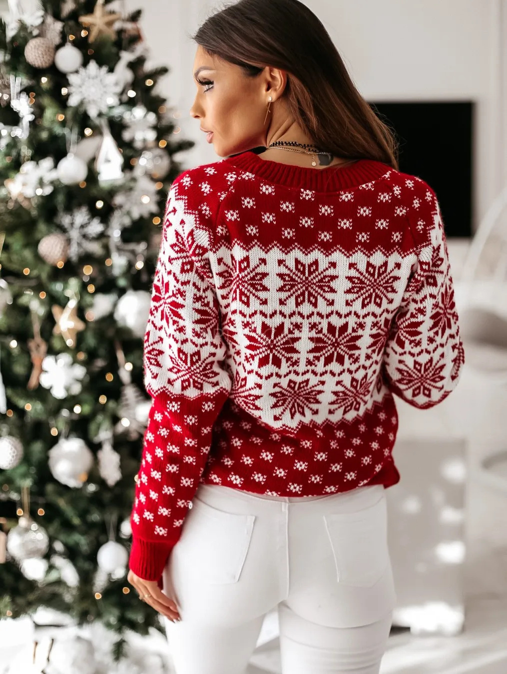 Autumn Winter Christmas Sweater Ladie Knitted Pullover Women Snowflake Elk Print Sweaters Jumper 241203