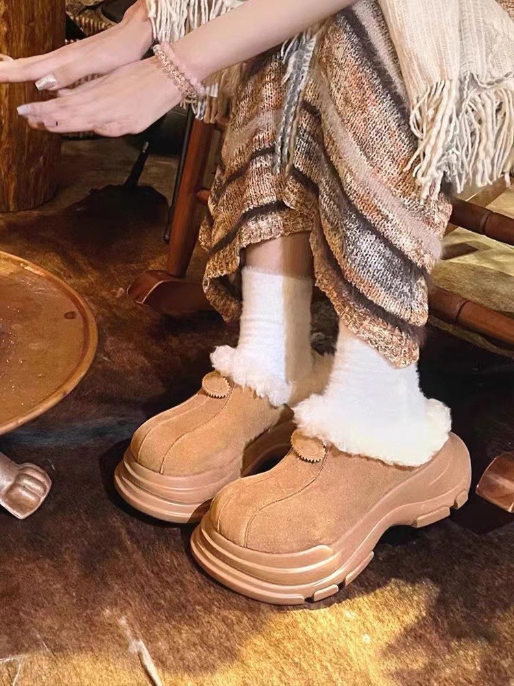 Women's Winter Plush Platform Snow Boots with Cute Fuzzy bowknot, Warm Faux Fur Slip-On Short Boots, Plush slippers