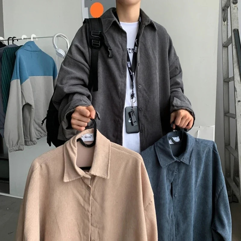 Autumn mens Corduroy long sleeved shirt Korean fashion Y2K retro 2024 casual oversized street clothing commodity 241209