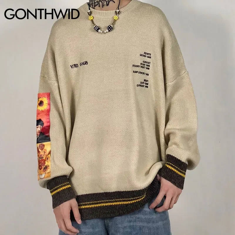 GONTHWID Van Gogh Sleeve Patchwork Pullover Knit Sweater Mens Hip Hop Embroidery Crewneck Knitwear Sweaters Streetwear Tops 241209