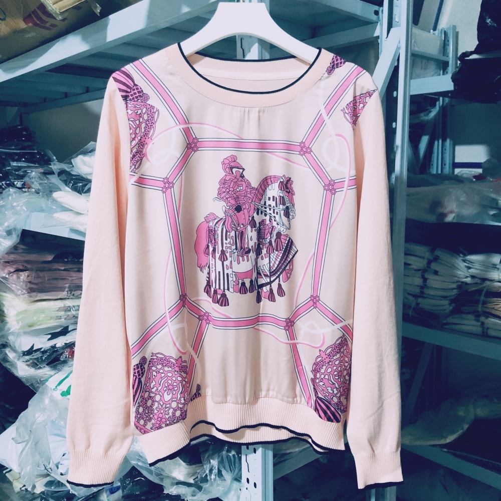 Brand Design Imitation Silk Knitted Spleced Long Sleeves Pullover For Women Top Knitwear Sweater Pull Ladies Clothes