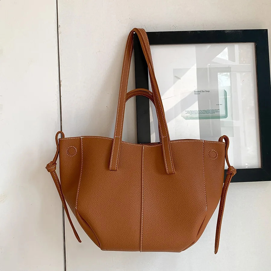 Big Soft PU Leather Handbag Lichee Pattern Womens Shoulder Bag Womens Handbag Quilted Shopping Bag 241210