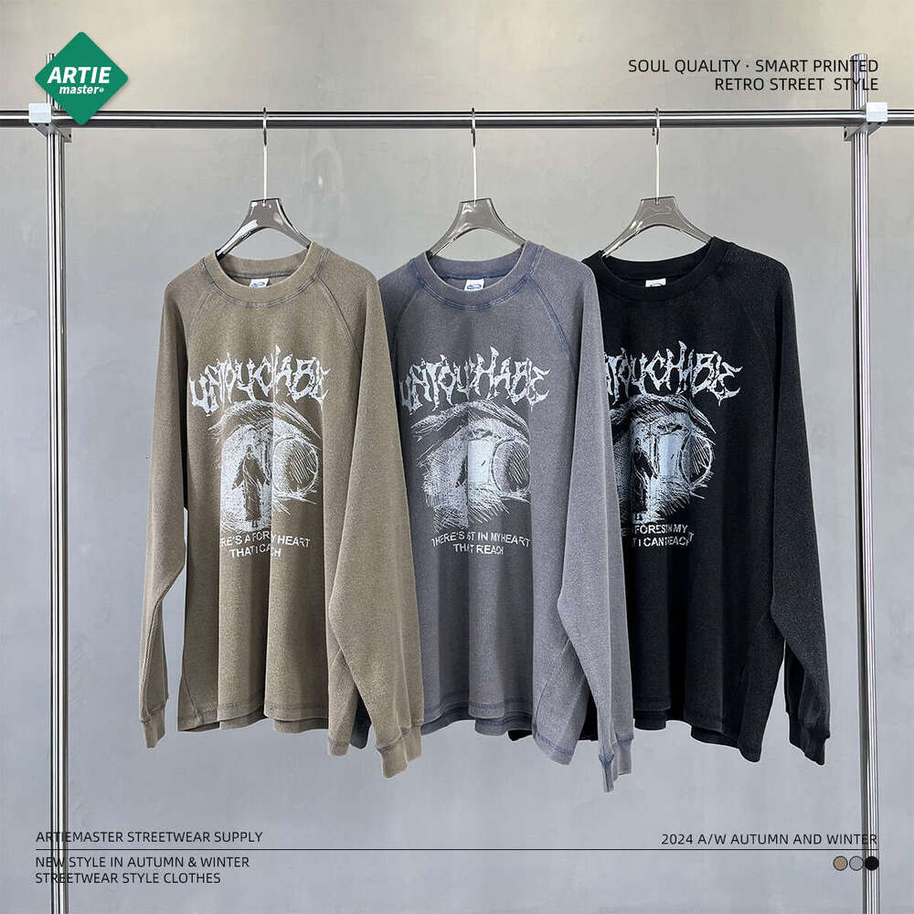 2024 Autumn/Winter New Product Wax Printing Waffle 350g Washed Water Used Printed Long Sleeve Trendy Brand Men's Retro T-shirt