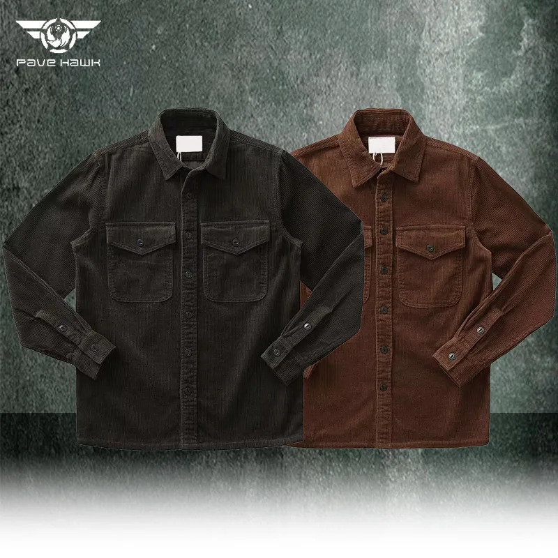 Amekaji Retro Mens US Single Row Bag Open Collar Woolen Sweater with Multiple Pocket Cargo Long Sleeve Corduroy Casual Top for Men 241209