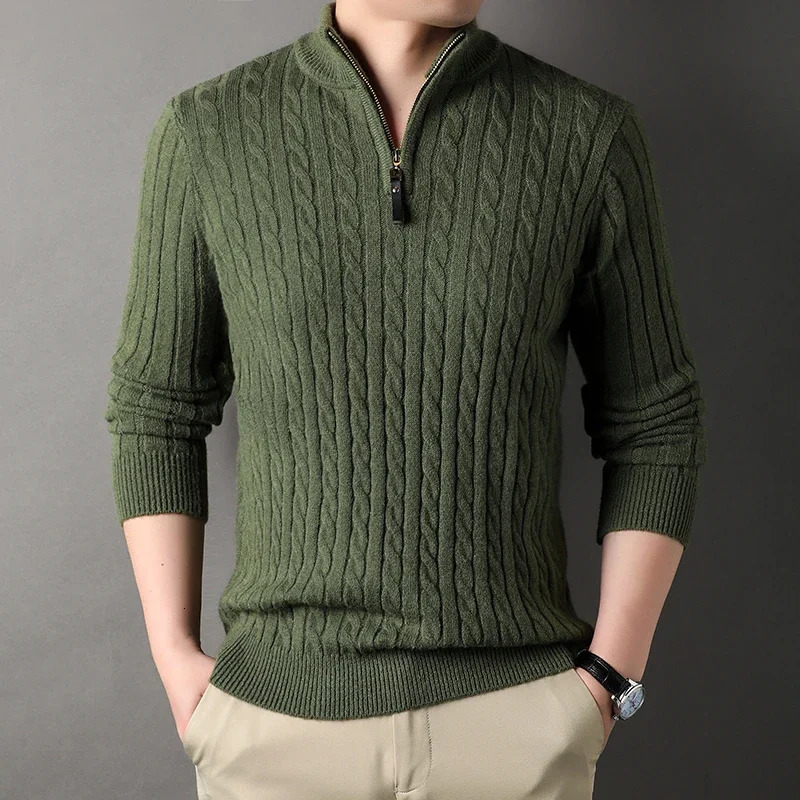 Thick Stripe Heavy Industry Mens Sweater Knitwear Half Zipper High Neck Fashion Tops 241209