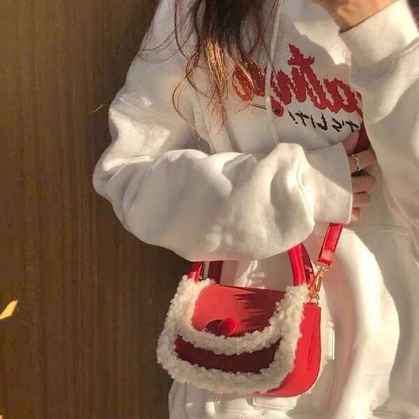 Autumn And Winter Niche Lamb Wool Christmas Red New Year Saddle Single Shoulder Crossbody Women's Bag, Handbag B3