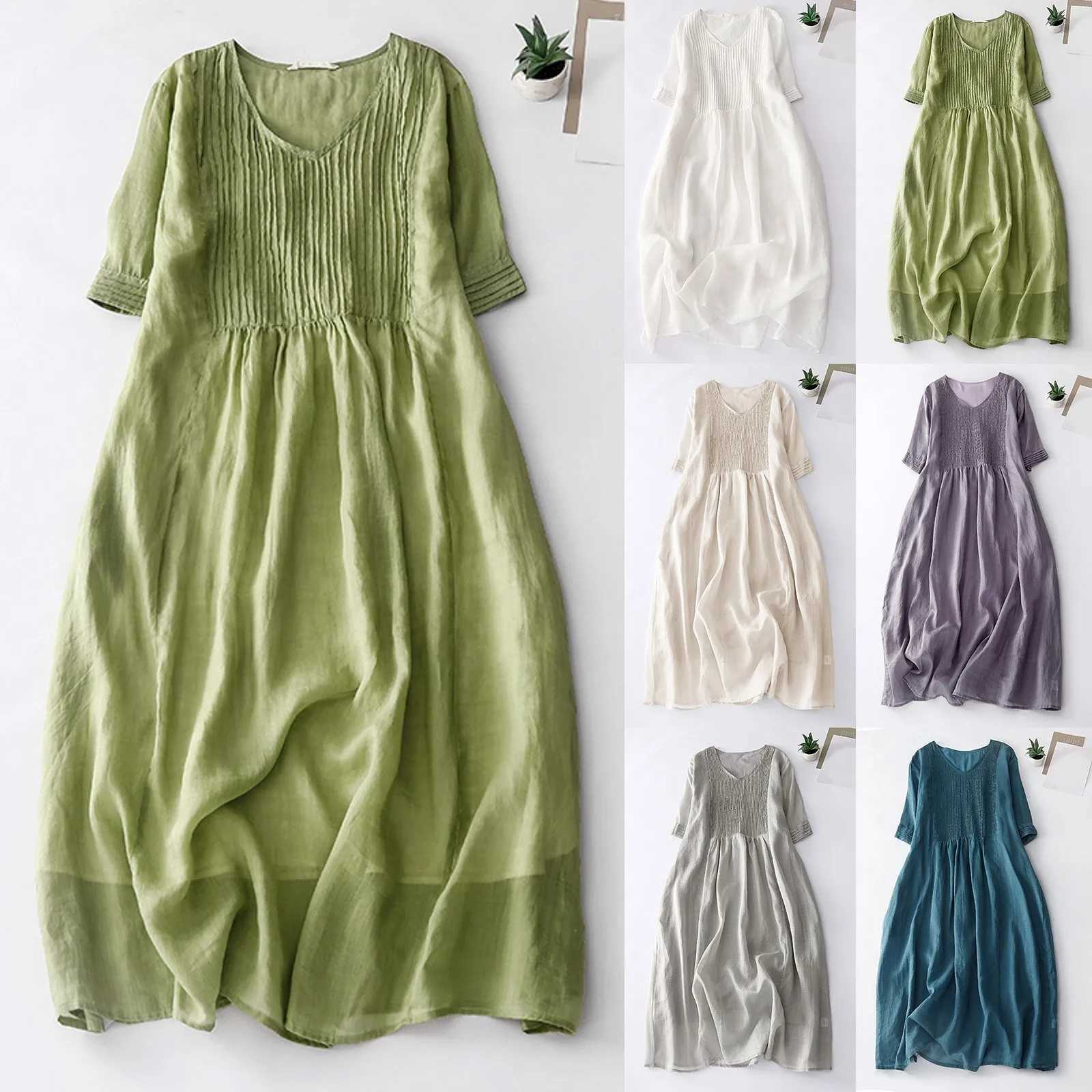 Womens solid color cotton linen long dress a V-neck pleated half Sve Maxi dress summer dress with pockets W241210