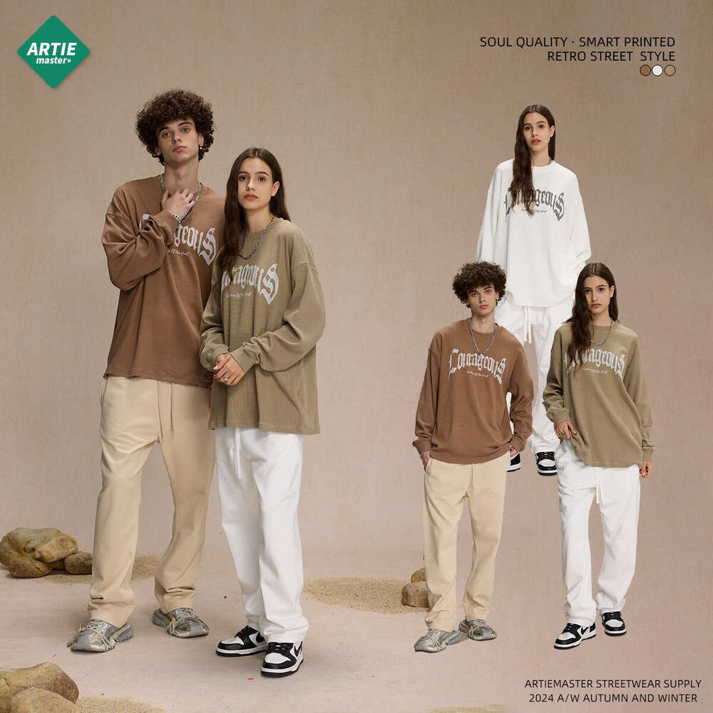 2024 Autumn/Winter New Product Breathable Waffle 330g Printed Sleeve T-shirt for American Trendy Brand Loose Casual Men's Long T