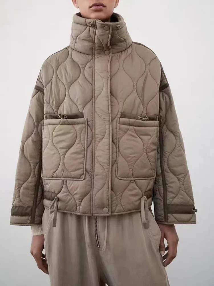 TRAF Womens Fashion Warm Cotton Jacket Fall and Winter Standing Collar Long Sleeve Front Zipper with Buttons Vintage 241209