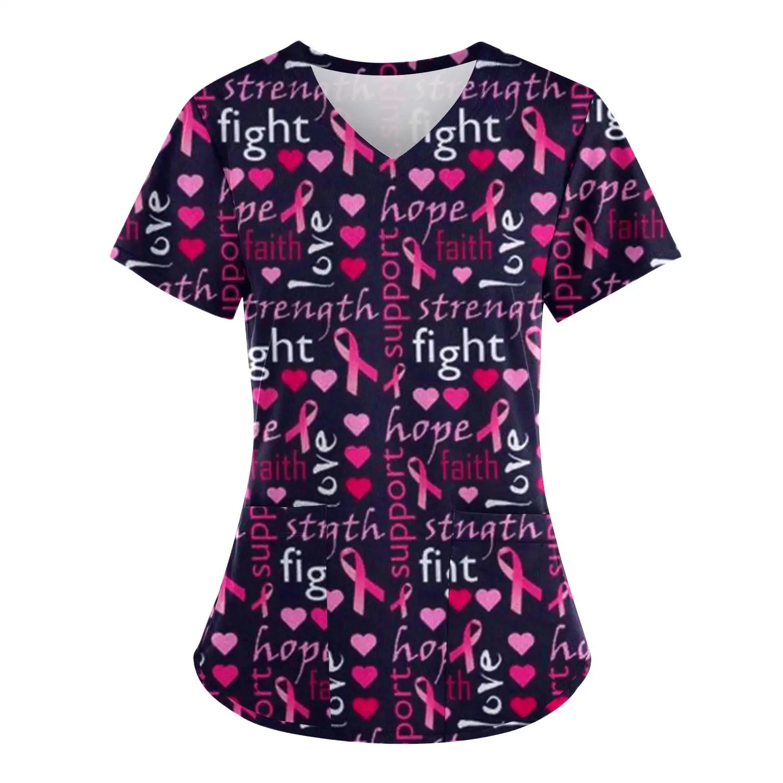 Scrubs Uniform Pink Ribbon Cancer Fighter Graphic Womens Uniforms V Neck Short Sleeve Tops with Pockets Scrubs for Wome 241209