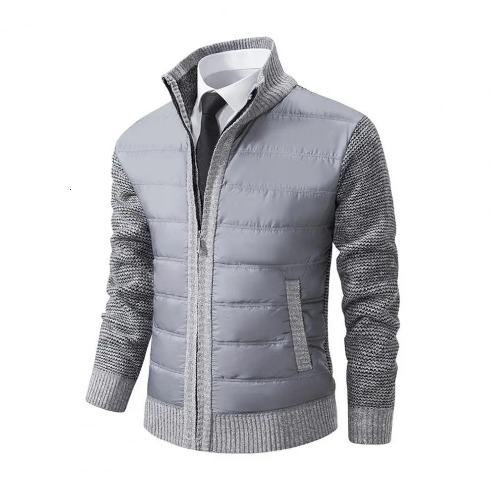 Men Spliced Cardigan Mens Thickened Knitted Sweater Coat with Pockets Warm Zipup Plush Jacket for Fall Winter Stylish Stand 241202