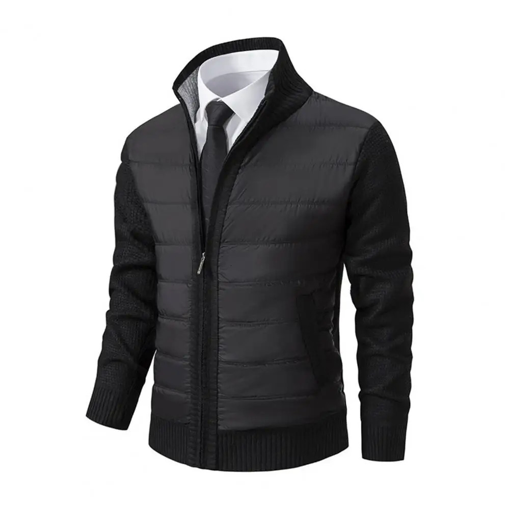 Men Spliced Cardigan Mens Thickened Knitted Sweater Coat with Pockets Warm Zipup Plush Jacket for Fall Winter Stylish Stand 241202