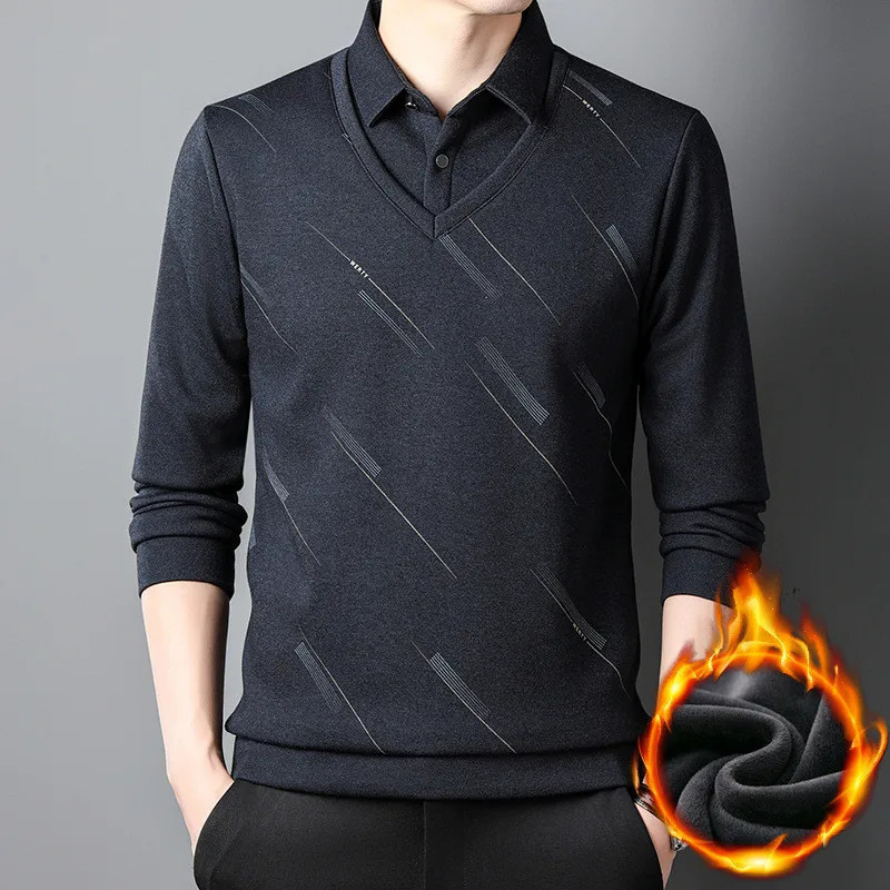 2024 Fashion Mens Polo Shirt Fleece Long Sleeve Autumn and Winter Warm Clothing Korean Style for Men Tops 241202