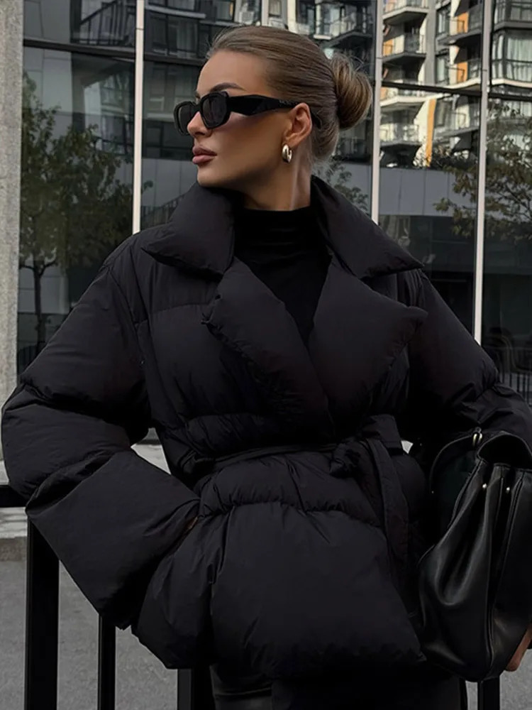 Fashion Lace Up Cotton Parka Coats For Women Elegant Turn Down Collar Thicken Jacket With Belt Winter Long Sleeve Female Outwear 241209