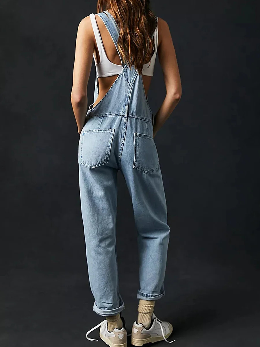 Womens casual wide leg denim jumpsuit with adjustable shoulder strap pendant top 1 pocket suit 241209