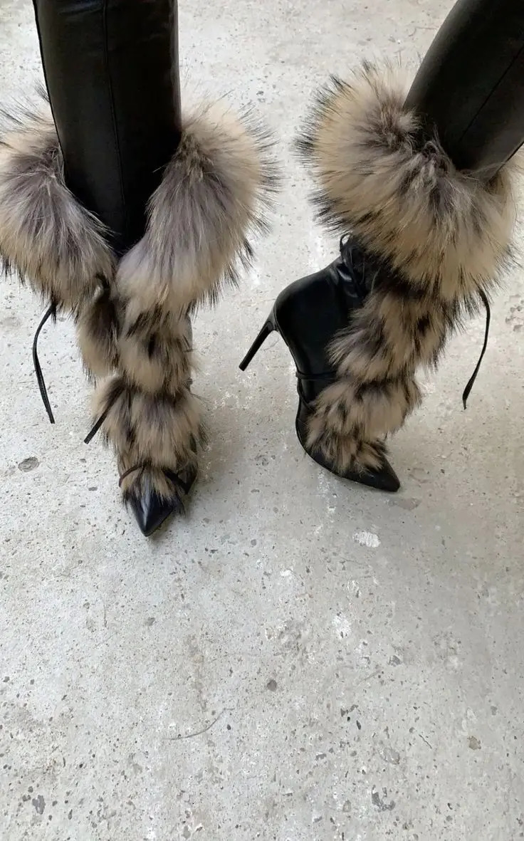 Pointed Toe Fur Mid Calf Boots Stiletto Heels Ankle Straps Fashion Warm Shoes In Winter Solid Plush Sexy Party Dress Shoes 241209