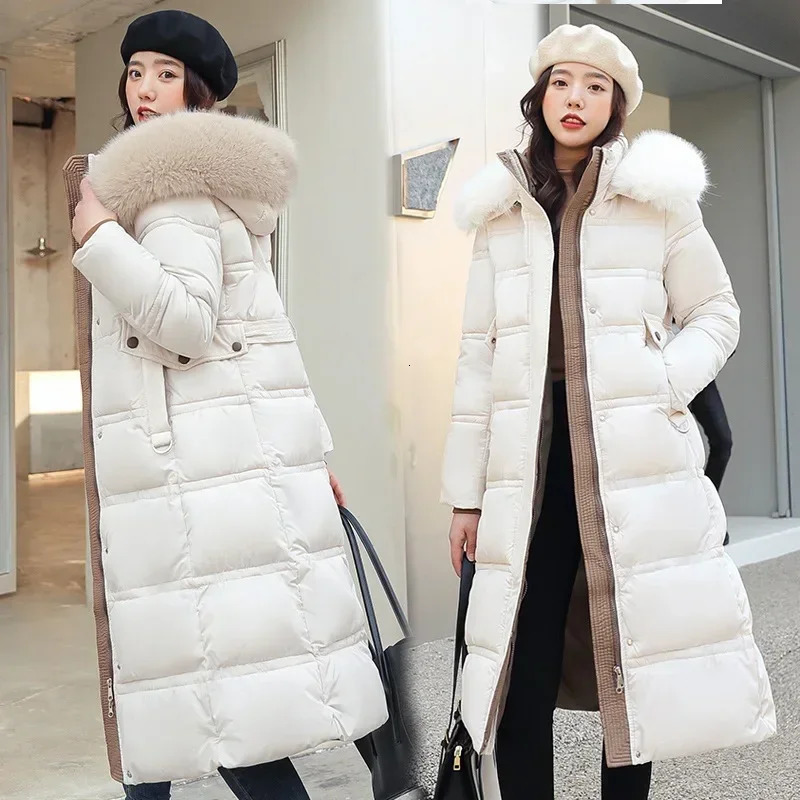 2024 Winter Down Cotton Parkas Jacket Womens XLong Faux Fur Collar Padded Thick Loose Large Size 241220