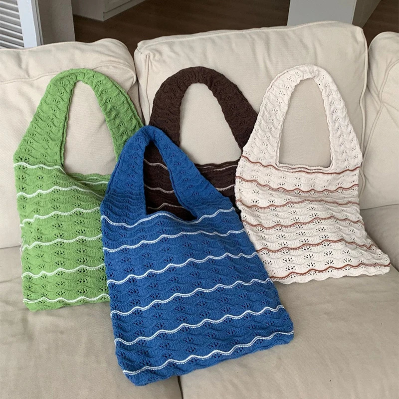 Womens Knitted Shoulder Bag Hollow Womens Crochet Bag Knitted Large Capacity Handbag Beach Travel Shopping Handbag 241205