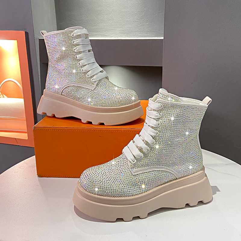 2025 Spring Autumn Thick Bottom Crystal Boots Fashion Shining Crystal Motorcycle Boots Women's Luxury rhinestone Modern Boots Full Diamond Design