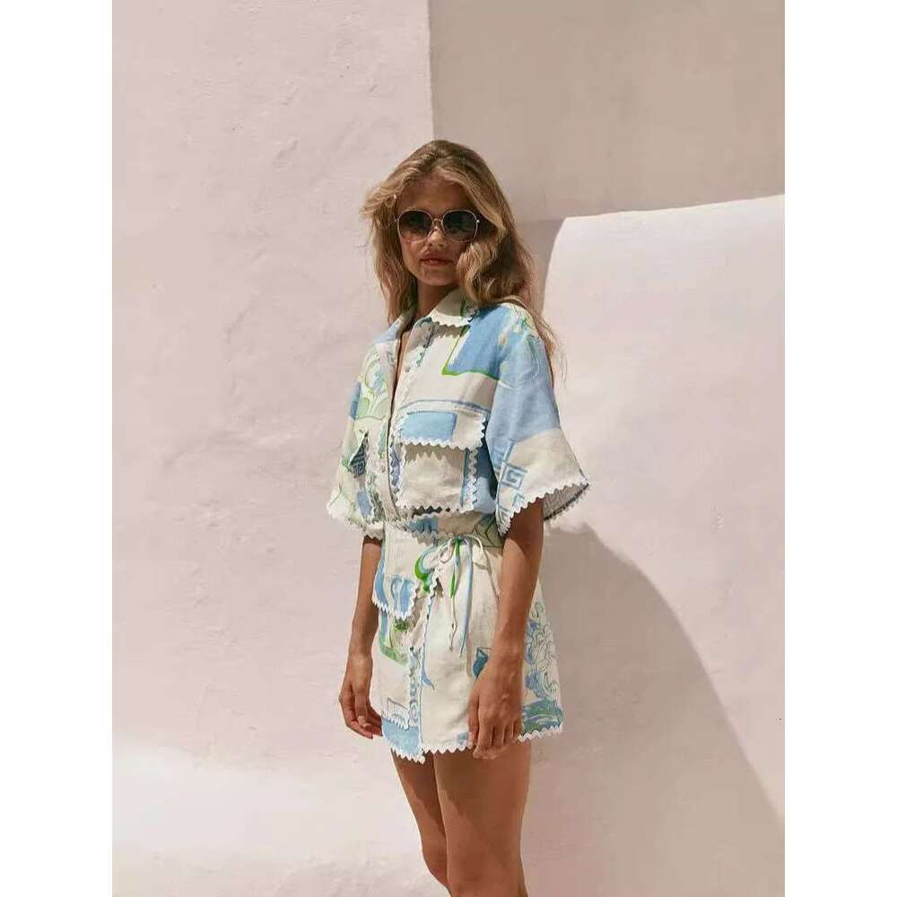 Vintage Print Casual Shirts Loose Women Tops And Mini Skirts Suit Elegant Fashion 2 Piece Sets Female Chic Outfits Trend Vacation Beach Set