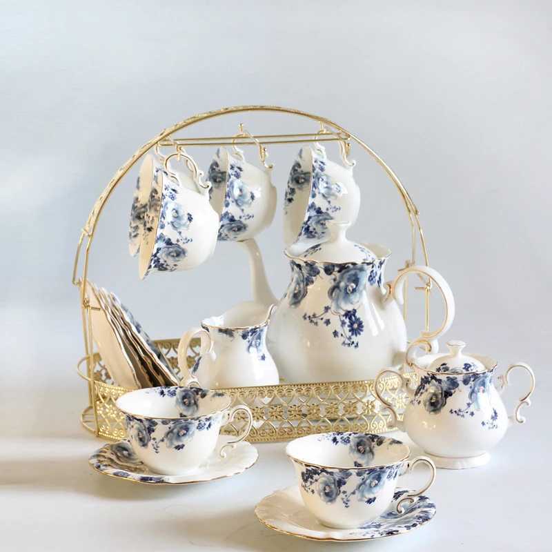 Blue and white new porcelain coffee and tea pot set ceramic cup with tray gold edge design Chinese milk W241210