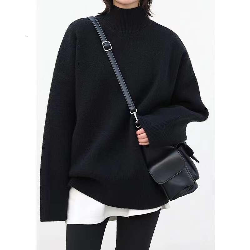 Korean style semi high neck thick for women, with a lazy autumn winter feel, loose medium length style, soft and sticky base knit sweater