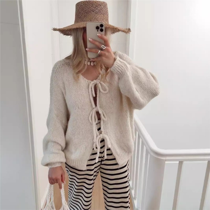 European American Fashion Autumn And Winter New Round Neck Long Sleeved Top Pink Lace Up Sweater Lazy Style Cardigan