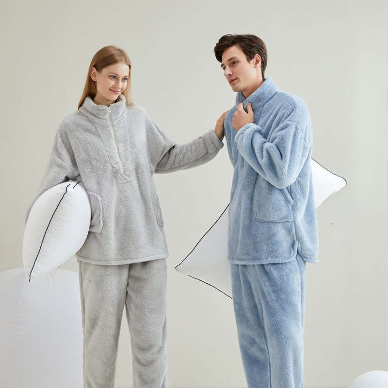 Coral fleece for couples, warm wearable, thick men's women's winter sleepwear set, 2024 new casual and versatile fashionable clothing