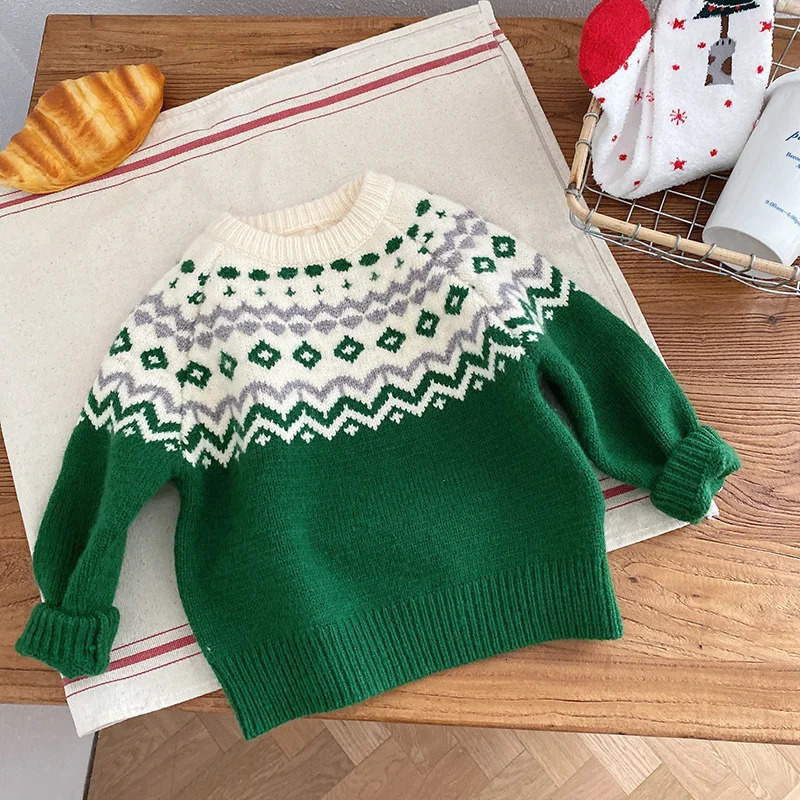 Winter Baby Christmas Sweater Childrens Jacquard Knitted Sweater Pullover Childrens Cotton Clothing Childrens cardigan Top 241210