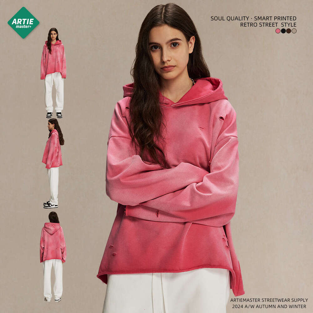 2024 autumn winter new product irregular hole rough edge old washing water spray horse chesut 450g looped men's and women's hooded sweatshir