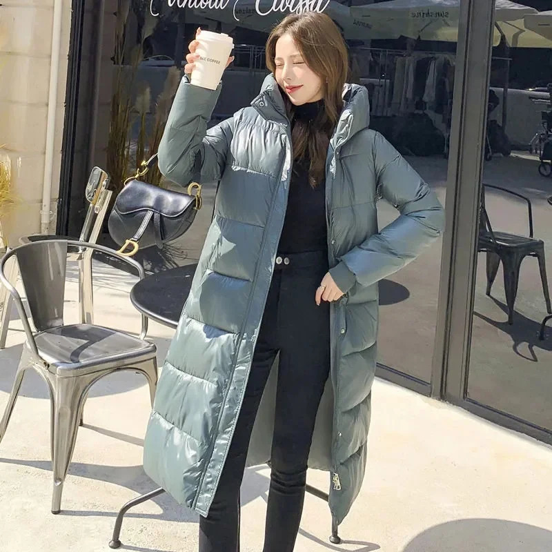 Korean womens long and shiny inflatable jacket autumn winter largesized warm down cotton 2024 black Parka 241209