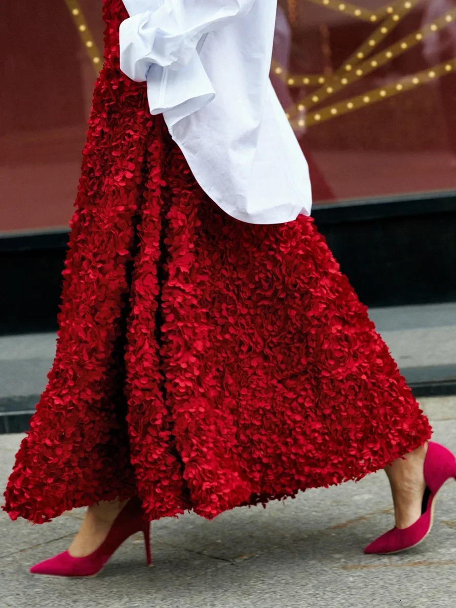 Bornladies Winter Red Fashion Long Petal Skirt Womens Inspired Evening Gown Elegant Lady Unique High Waisted Skirt 241210