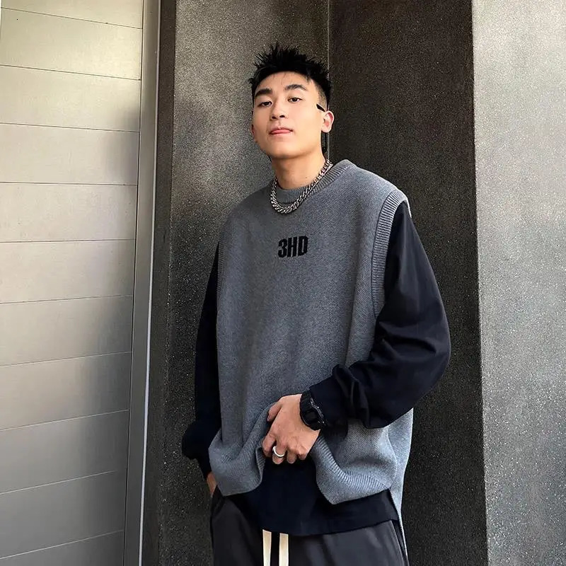 Knitted Sweaters for Men Crewneck Sleeveless Letter Man Clothes Round Collar Waistcoat Vest Aesthetic Meme Y2k Vintage Classic S 241209