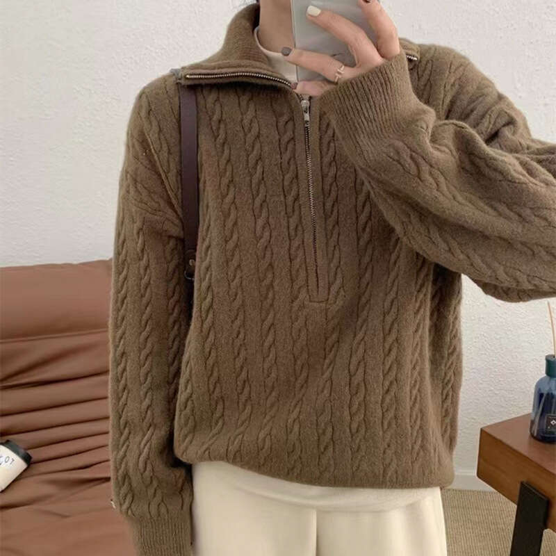Korean lapel Fried Dough Twists half zip knitted sweater women's autumn and winter new style retro lazy short pullover top