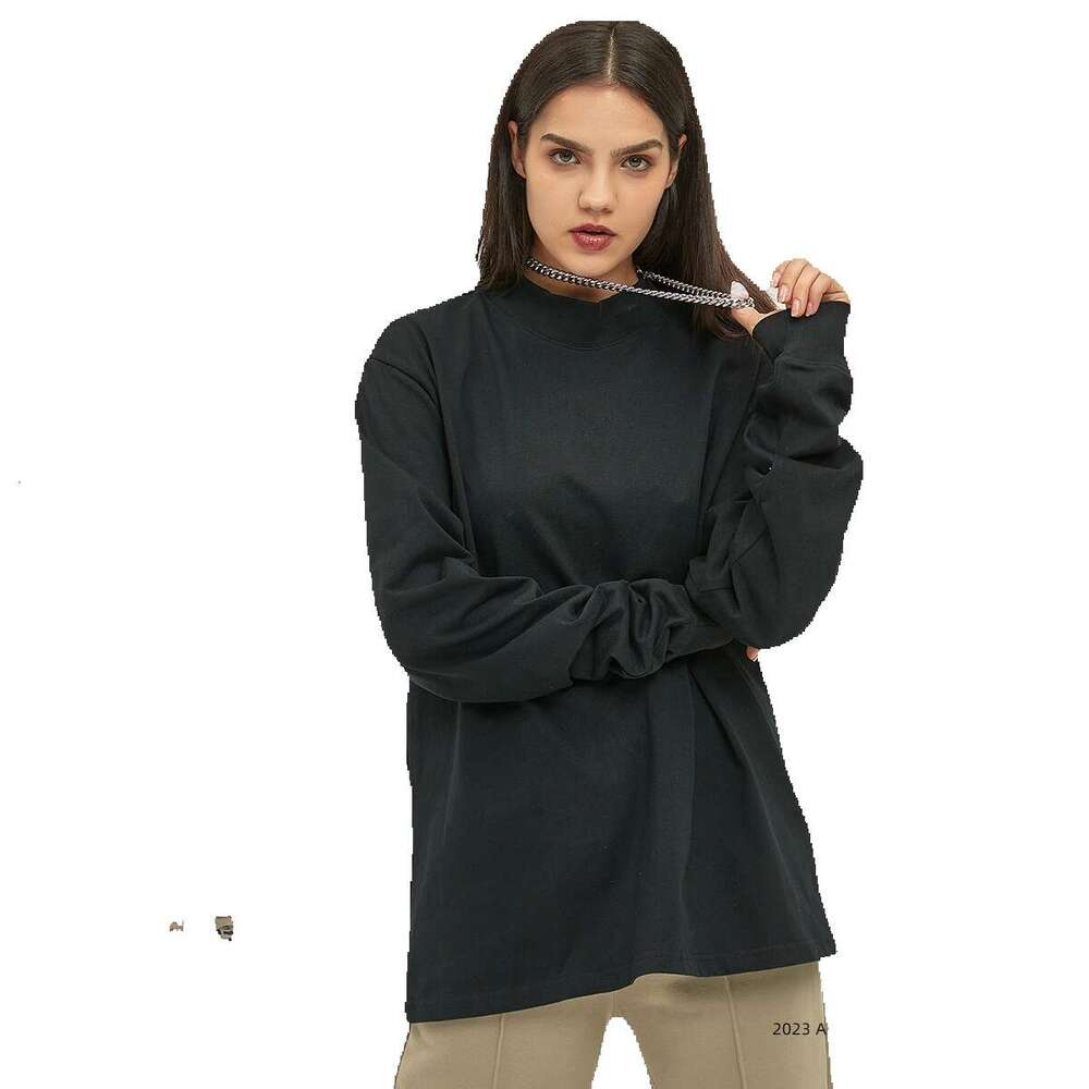 2023 autumn and winter new product heavyweight 345G double yarn plain weave high necke loose long sleeved T-shirt for men