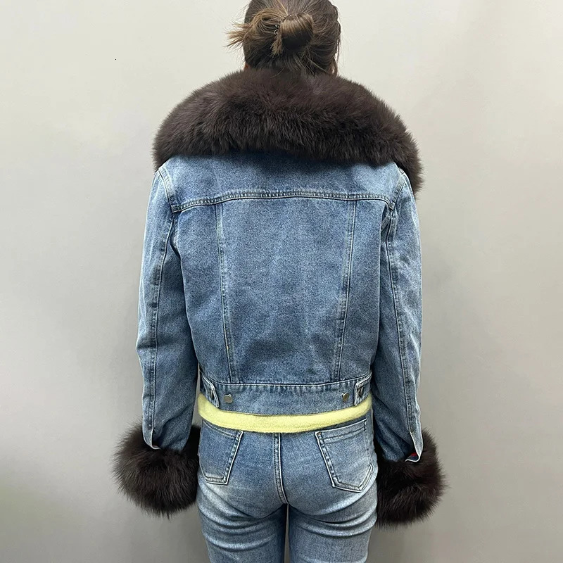 Womens Fluffy True Fur Denim Jacket Big Neck Natural Cuff Fashion 241209