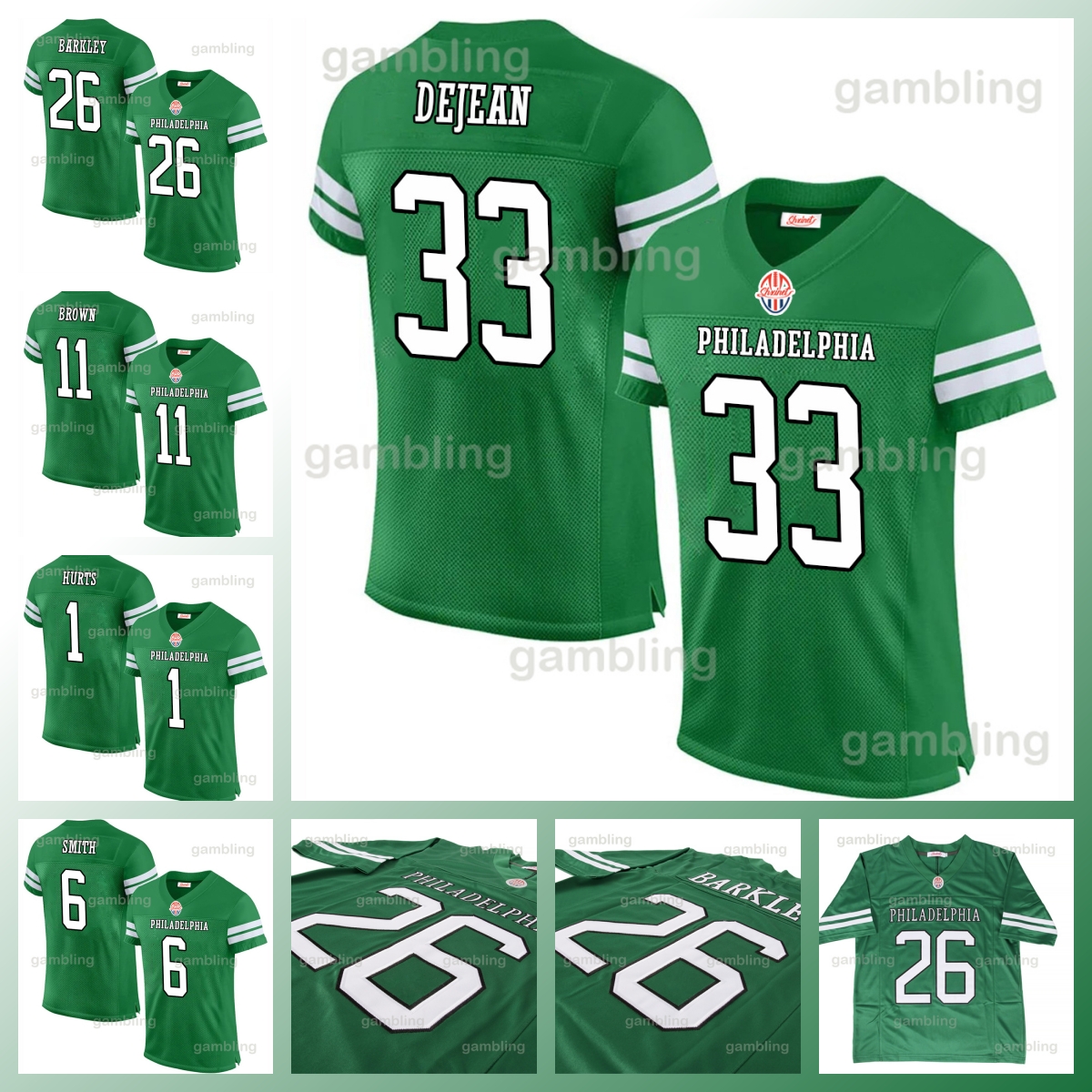 Green 2025 Custom Football Jersey Saquon Barkley 1Hurt 11 Kelly Brown Carter DeVonta Smith Jason Kelce Kenny Pickett Cooper DeJean Huff Lane Johnson M