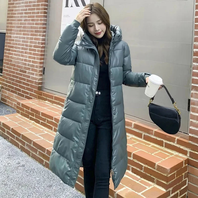Korean womens long and shiny inflatable jacket autumn winter largesized warm down cotton 2024 black Parka 241209