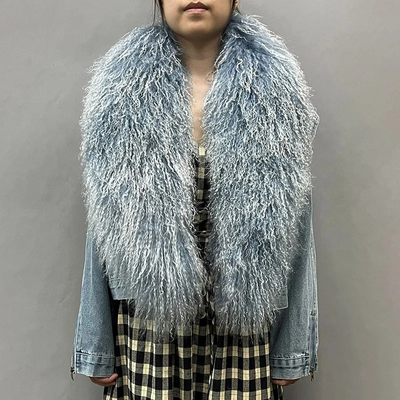 comer Fluffy Genuine Mongolian Fur Denim Jacket Womens Big Neck Natural Coat Fashion 241209