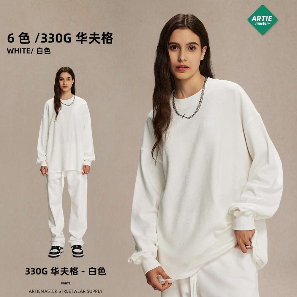 2024 Autumn/Winter New Product Breathable Waffle 330g Round Neck T-shirt Men's American Trendy Brand Loose Casual Long Sleeve T