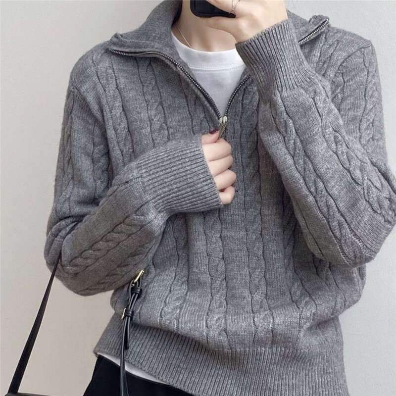 Korean lapel Fried Dough Twists half zip knitted sweater women's autumn and winter new style retro lazy short pullover top