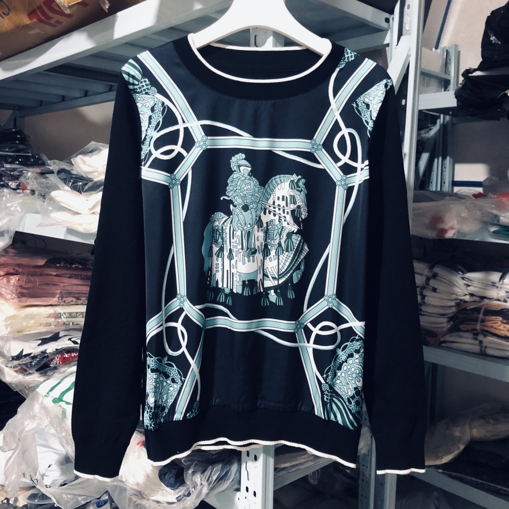 Brand Design Imitation Silk Knitted Spleced Long Sleeves Pullover For Women Top Knitwear Sweater Pull Ladies Clothes