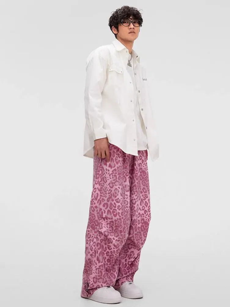 Pink Hip Hop Animal leopard Baggy Parachute Pants Men Streetwear Wide leg Oversize Causal Sport Sweatpants Male Techwear 241209