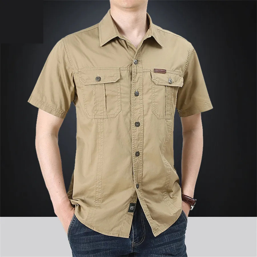 2024 Summer Green Mens Short Sleeve Casual Shirt Combat Tactical Multi Pocket Set Oversized 5XL 241209