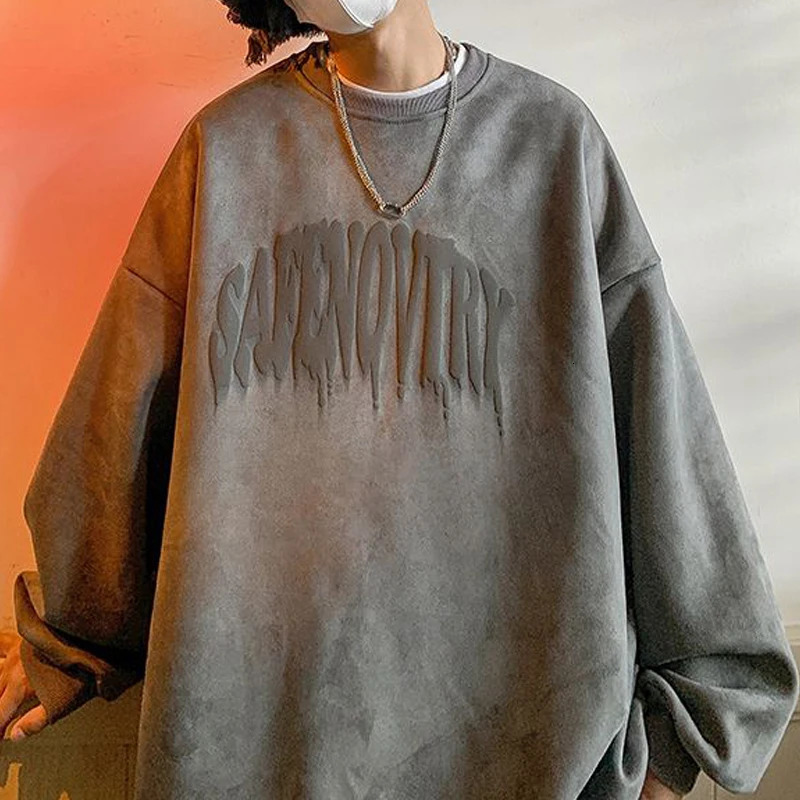 Men Trendy Vintage Sueded Letter Print Oversize Streetwear Sweatshirt Y2K Casual Round Neck Long Sleeve Pullover Hip Hop Hoodies 241209