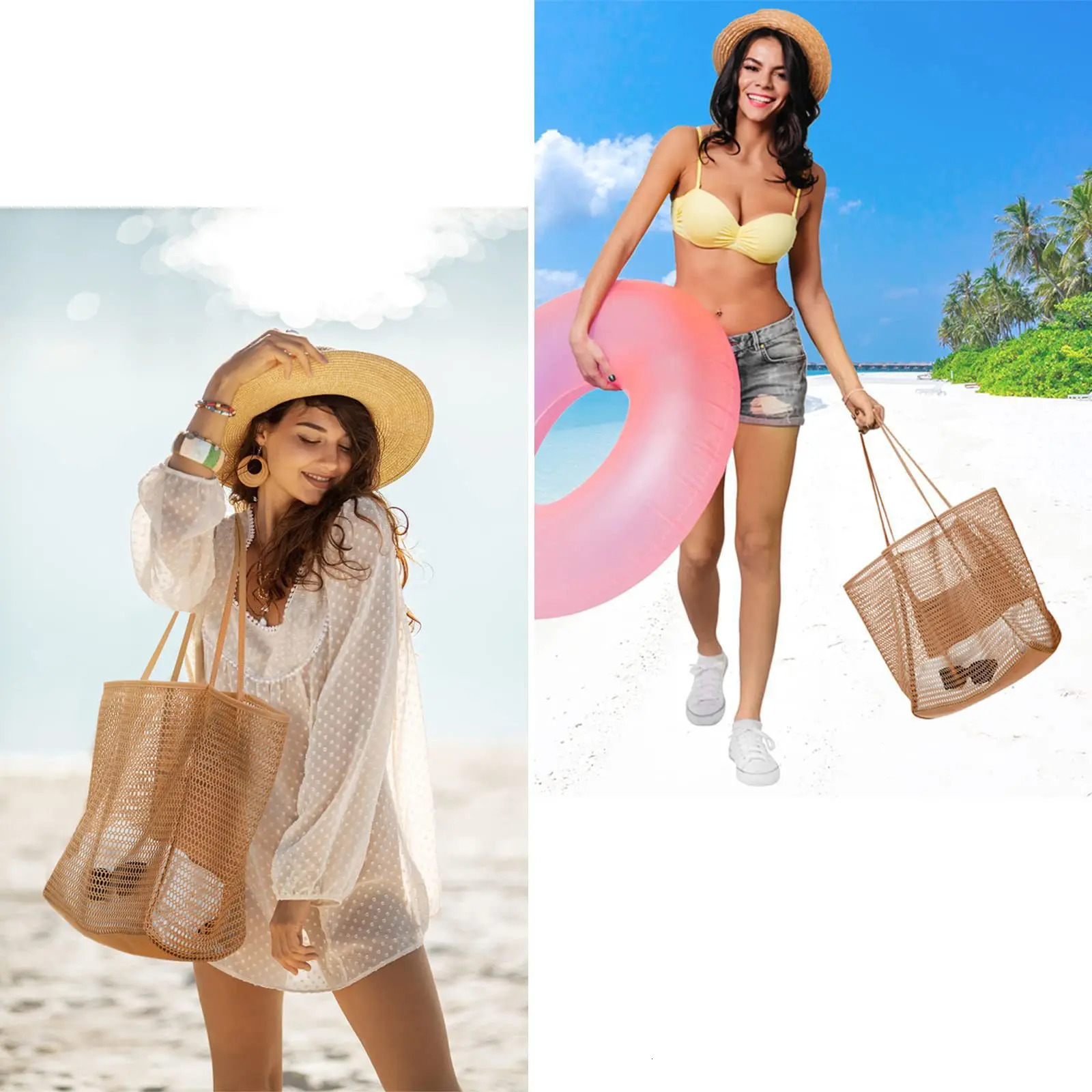 Beach bag mesh womens shoulder strap handbag large capacity womens Going Out handbag washing swimsuit shoulder strap storage bag 241205